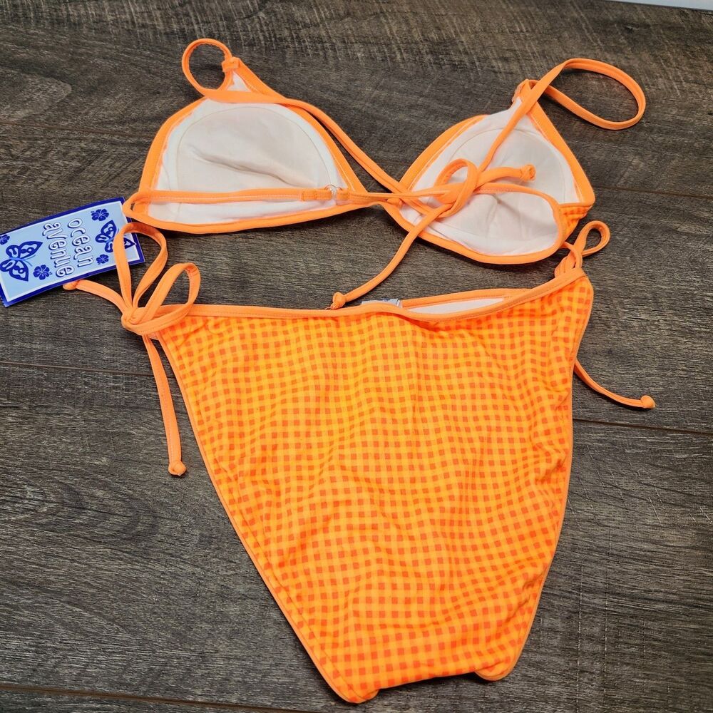 2 Piece Orange Check Lined NWT String Bikini Size Large Ocean Avenue - Picture 5 of 5